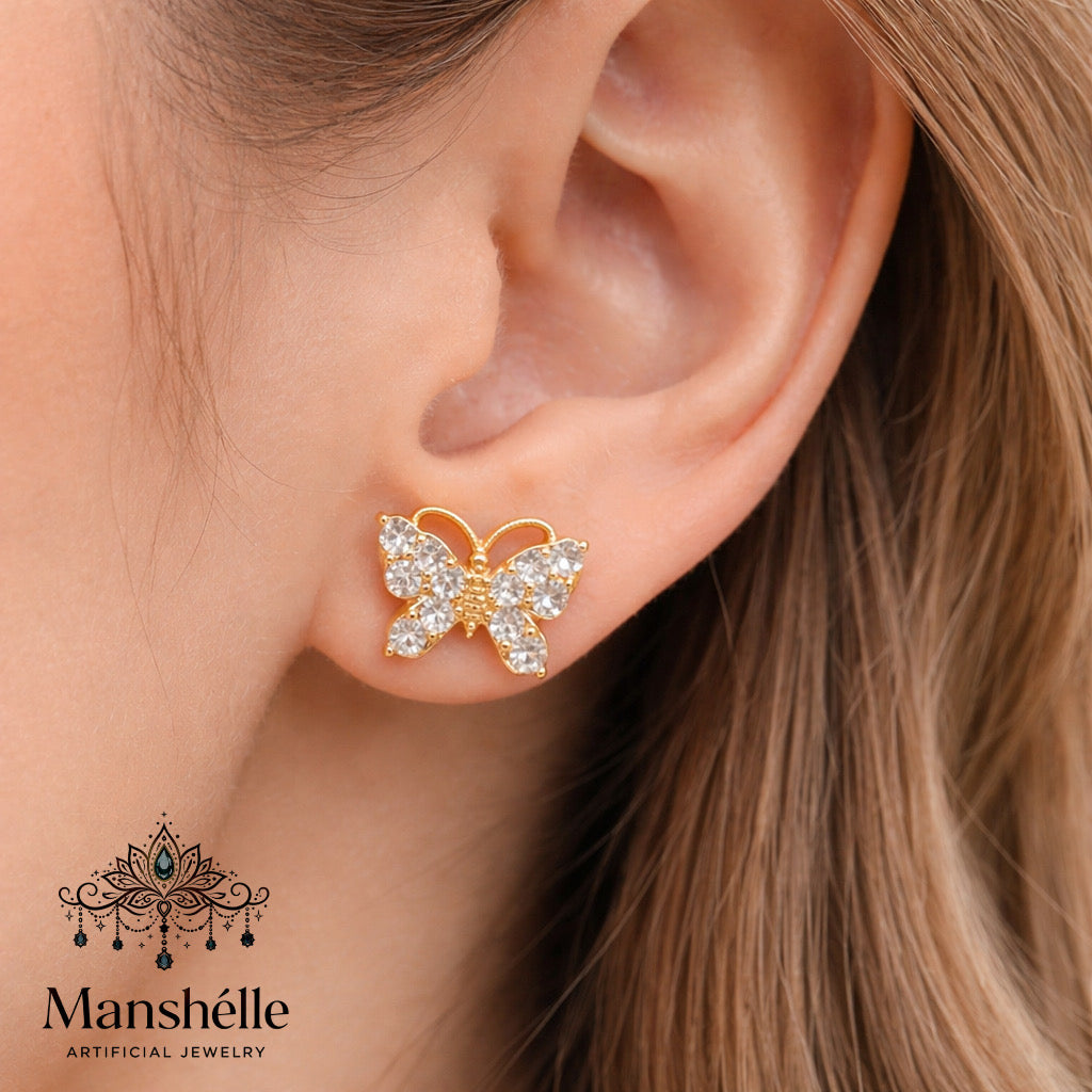 Manshélle - Golden Flutter Crystal Butterfly Stud Earrings