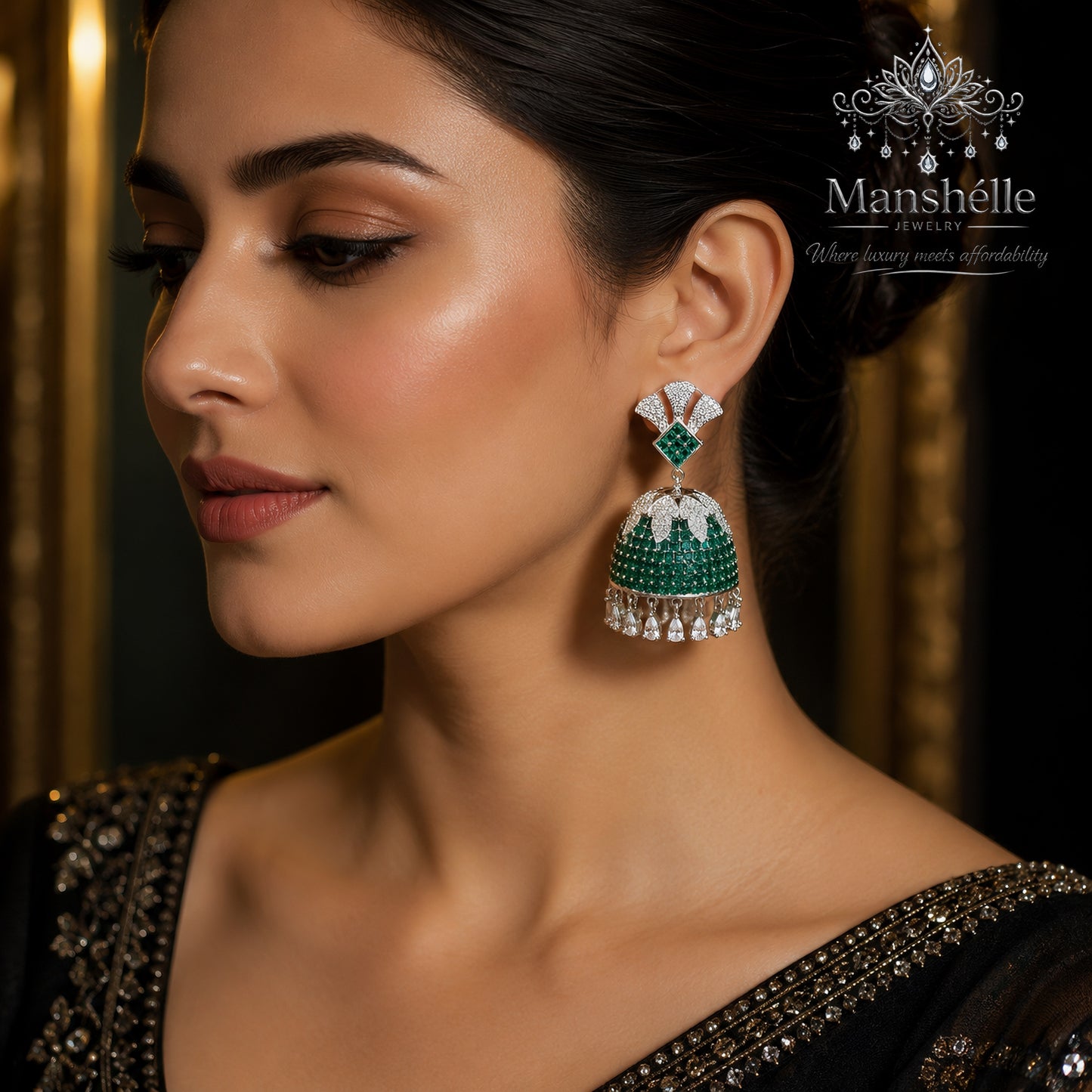 Emerald Royale Crystal Jhumka Earrings