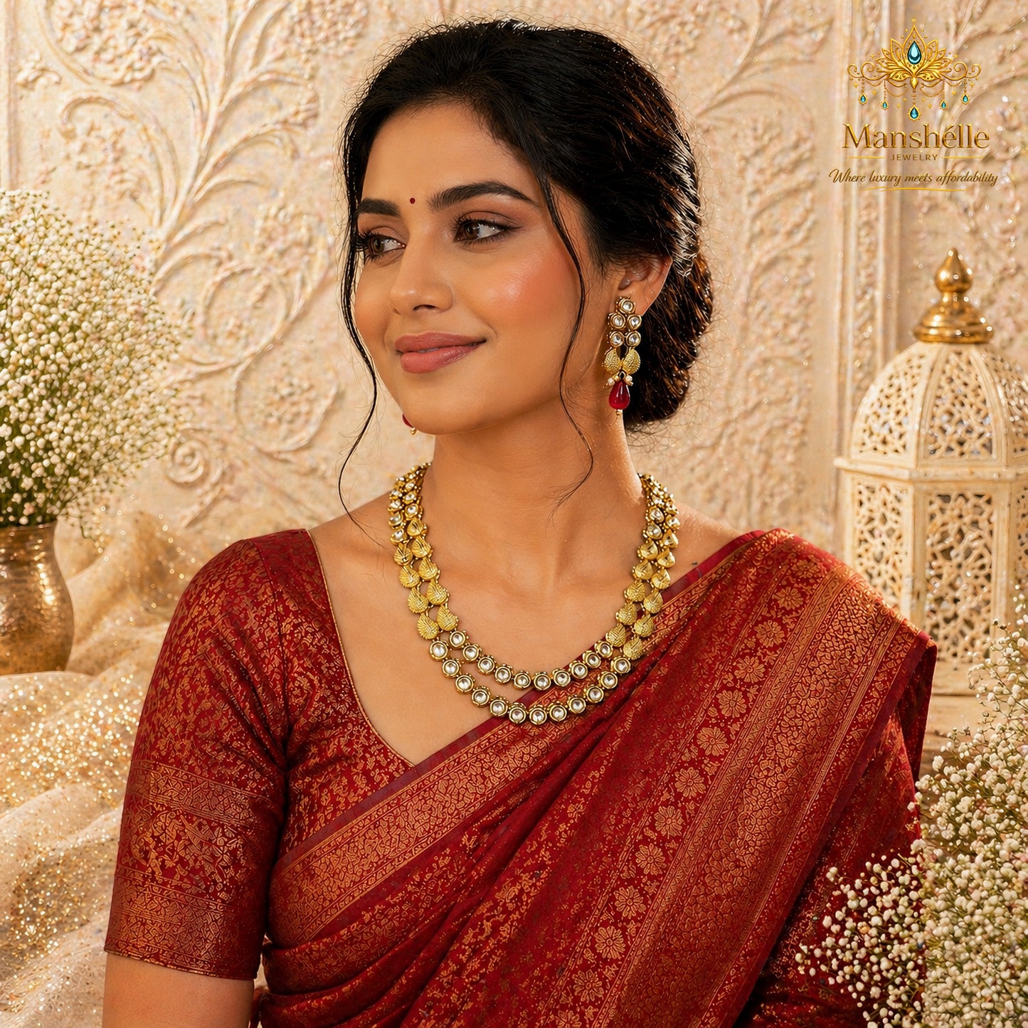 Manshélle Royal Kundan Cascade Jewelry Set – Ruby Drop Edition