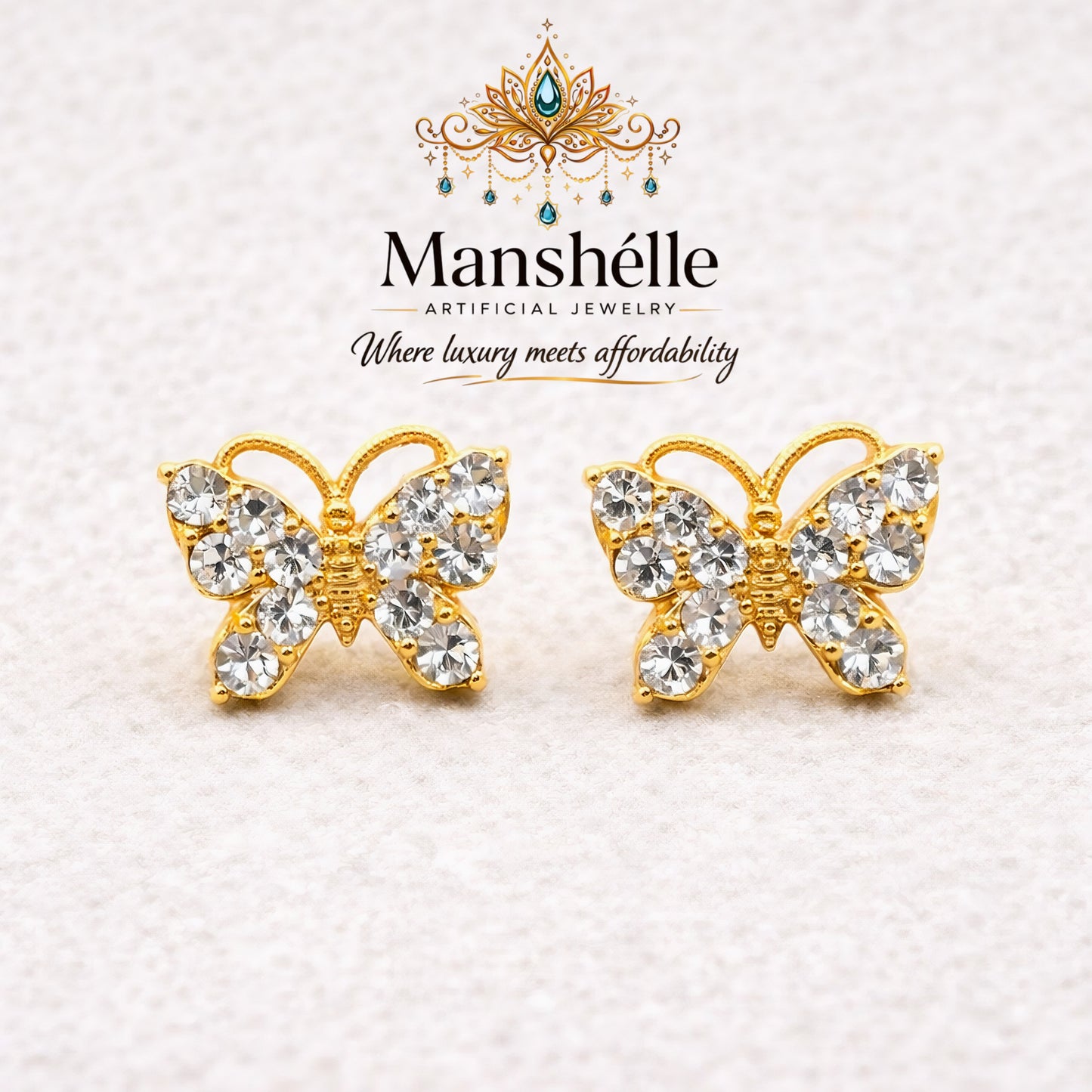 Manshélle - Golden Flutter Crystal Butterfly Stud Earrings