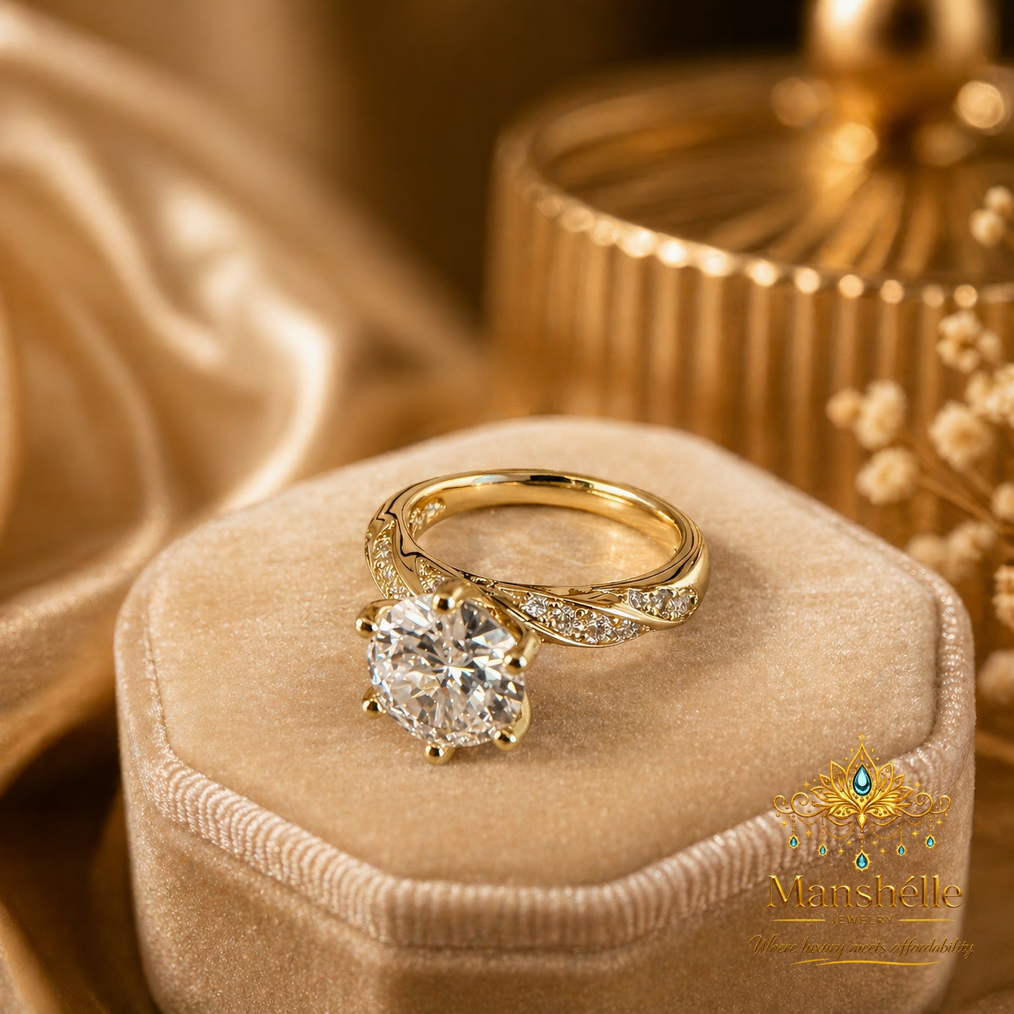 Manshélle Radiant 6-Claw Cubic Zirconia Luxury Gold Engagement Ring