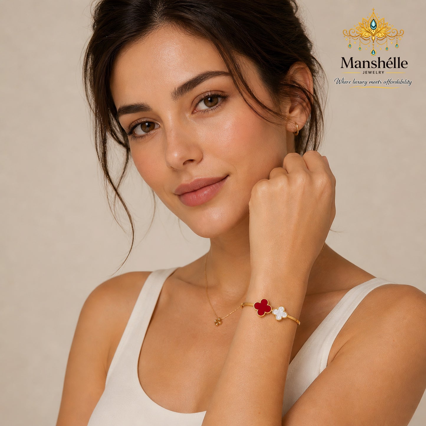 Manshélle Ruby Pearl Clover Bangle Bracelet