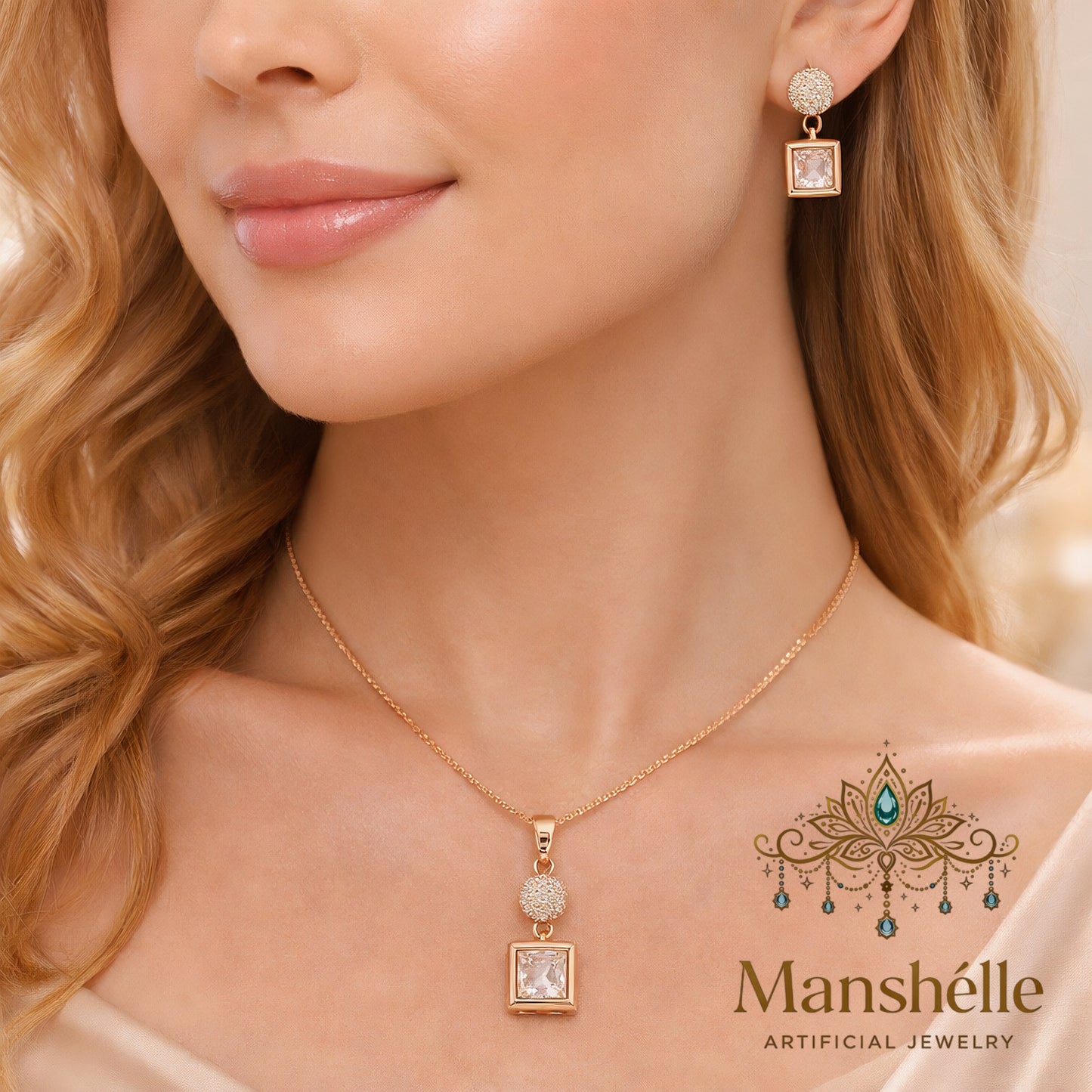 Manshélle - Aurora Square Crystal Pendant Set