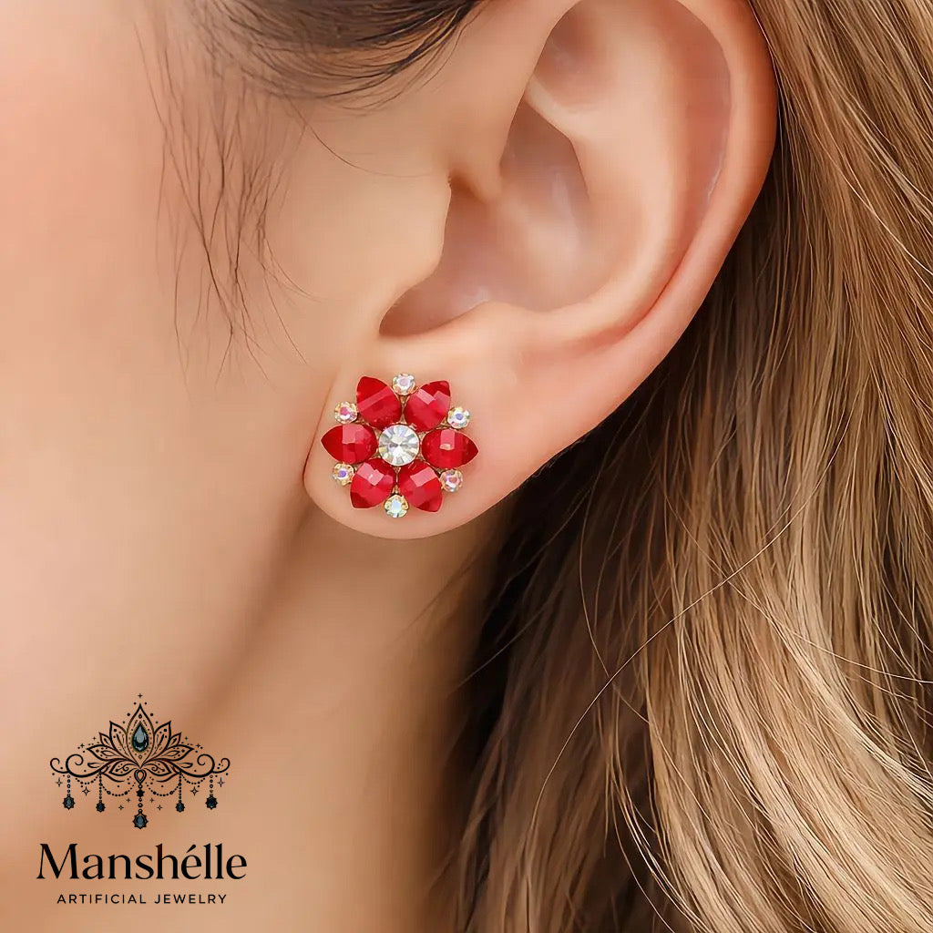 Manshélle - Scarlet Bloom Crystal Stud Earrings