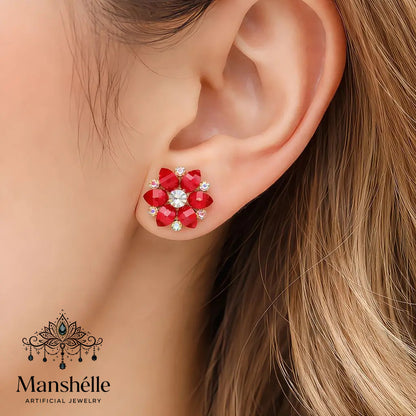Manshélle - Scarlet Bloom Crystal Stud Earrings