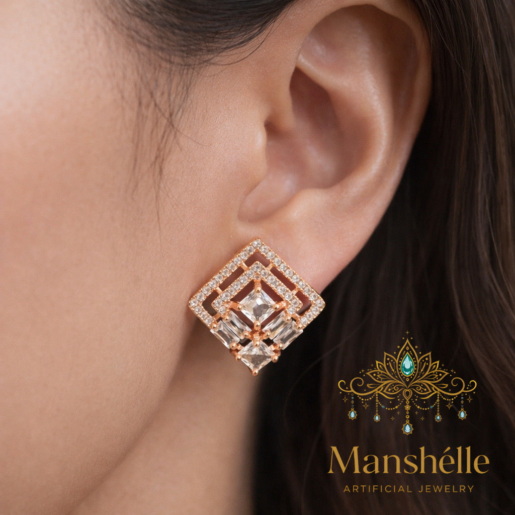 Manshélle - Regalia Diamond Frame Crystal Stud Earrings