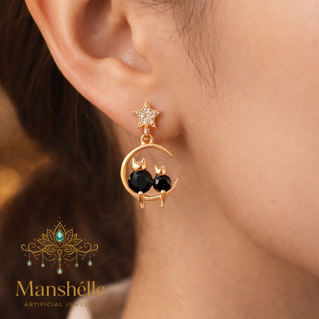 Manshélle - Midnight Moon Cat Crystal Drop Earrings