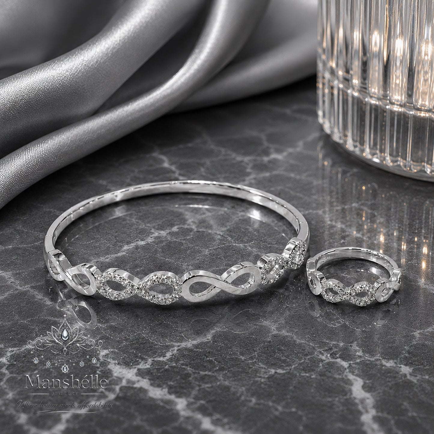 Manshélle Silver Infinity Luxe Bangle & Ring Set