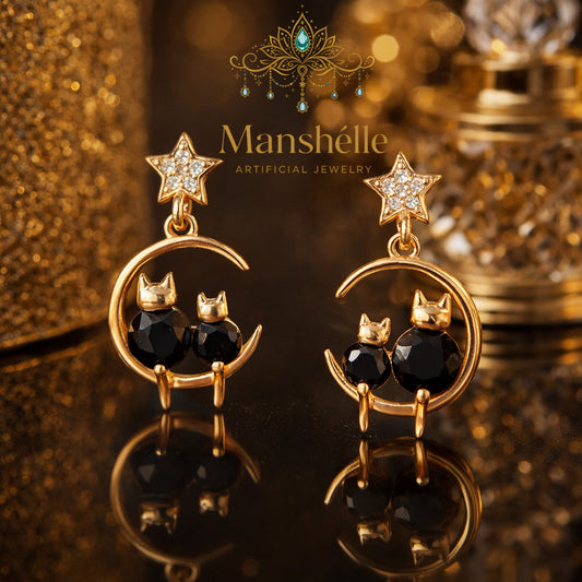 Manshélle - Midnight Moon Cat Crystal Drop Earrings