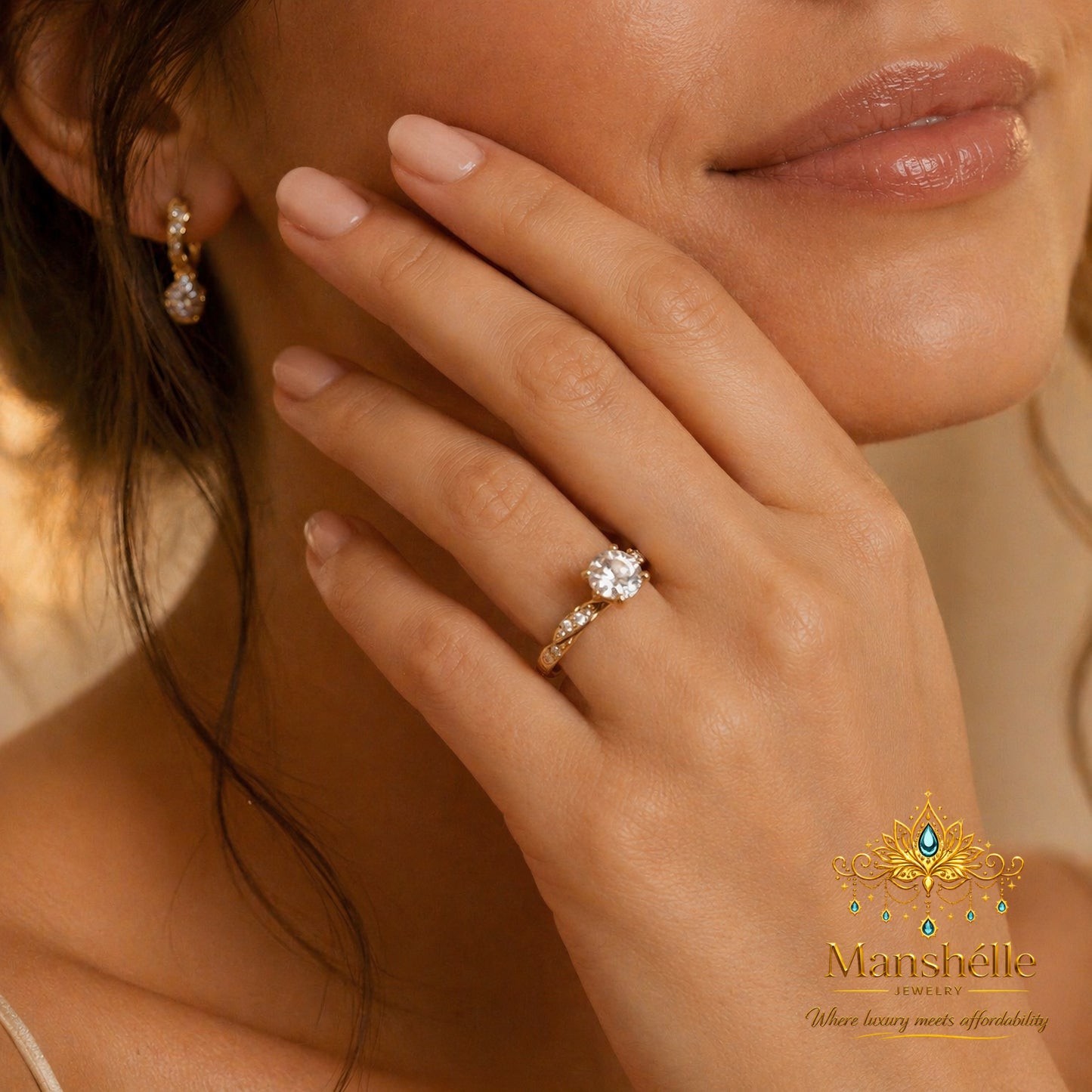 Manshélle Radiant 6-Claw Cubic Zirconia Luxury Gold Engagement Ring