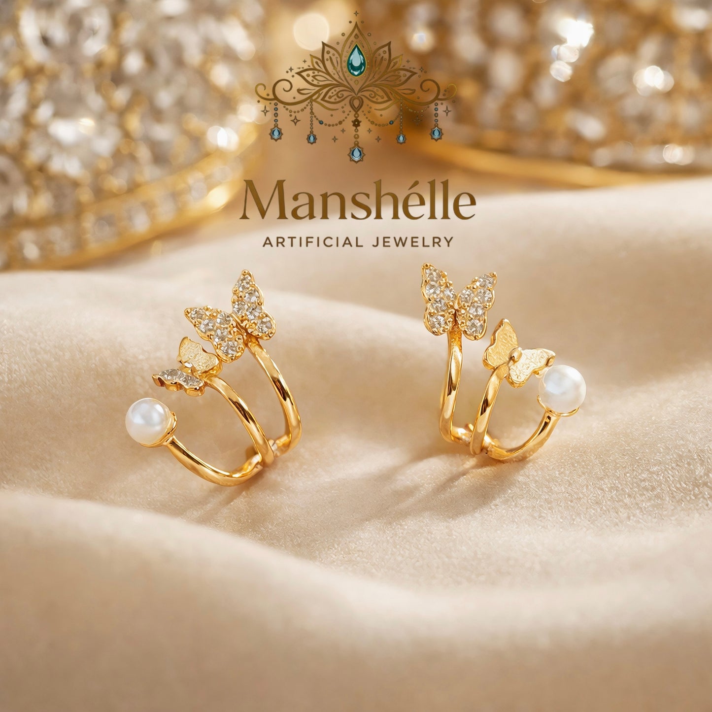 Manshélle - Golden Butterfly Pearl Ear Cuff Earrings