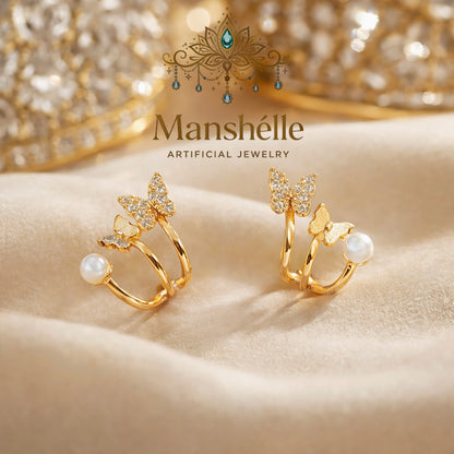 Manshélle - Golden Butterfly Pearl Ear Cuff Earrings