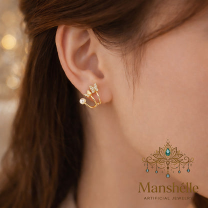 Manshélle - Golden Butterfly Pearl Ear Cuff Earrings
