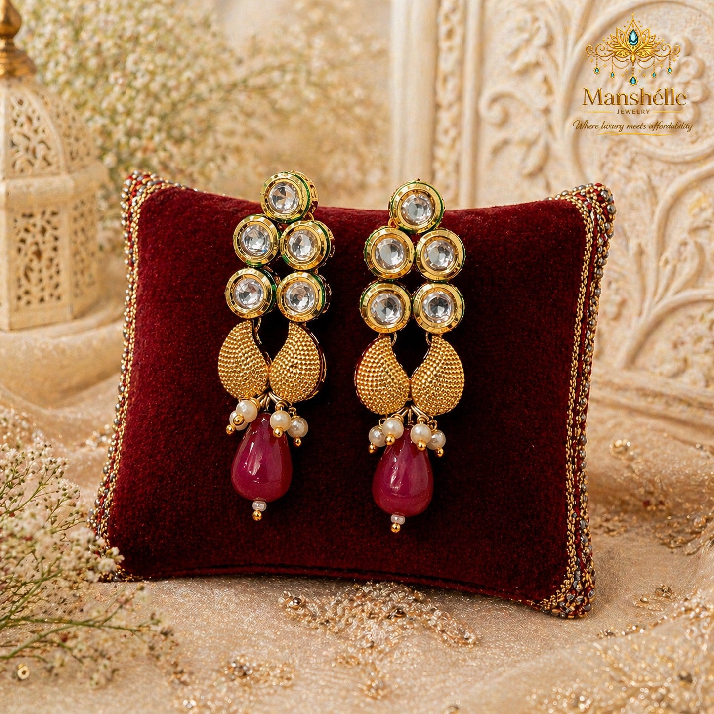Manshélle Royal Kundan Cascade Jewelry Set – Ruby Drop Edition