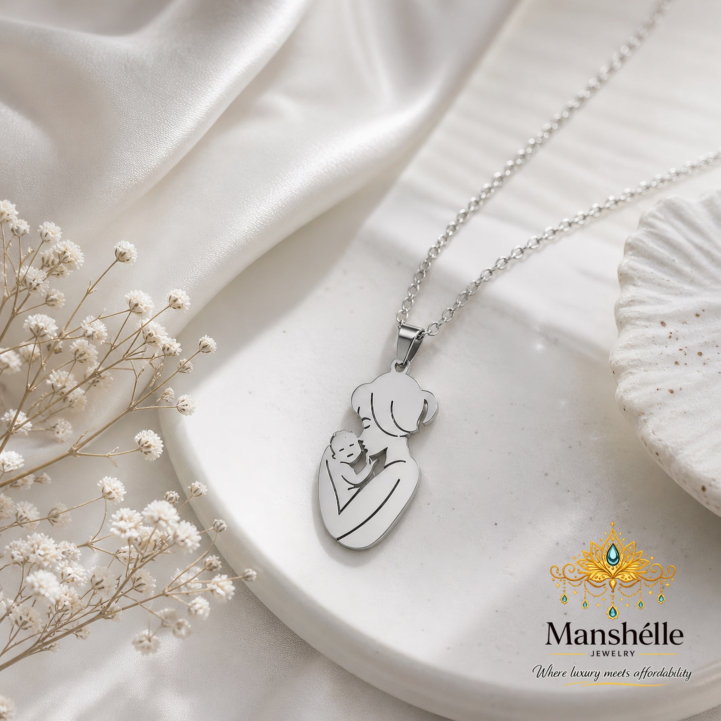 Manshélle Silver Mother & Baby Embrace Pendant Necklace